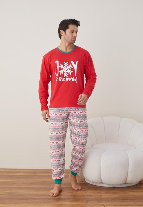 Pijama barbat Craciun maneca lunga pantaloni lungi rosu Joy ENGROS